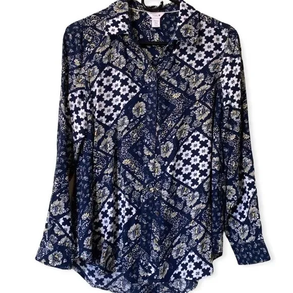 Intro PM Long Sleeve Button down blouse navy and white pattern - Picture 1 of 4